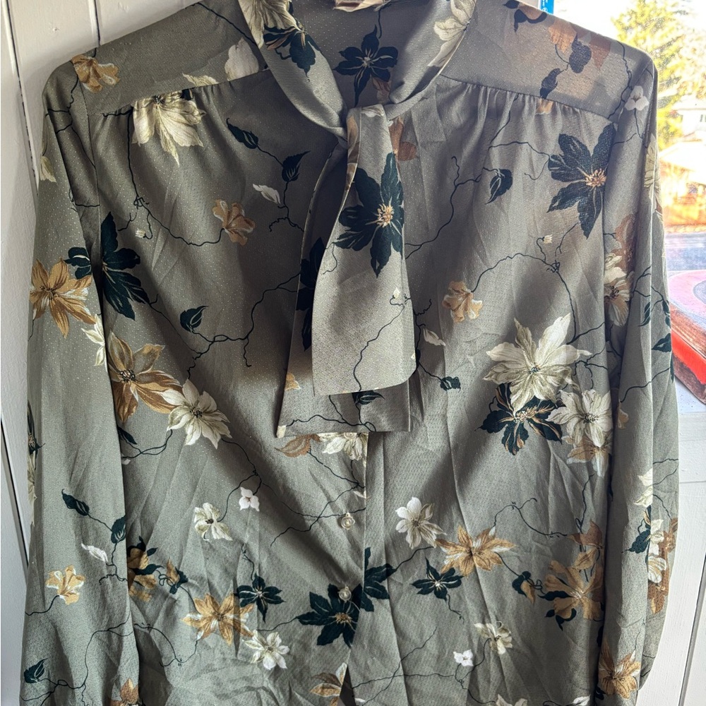 Vintage Floral Tie-Neck Blouse - Green and Cream